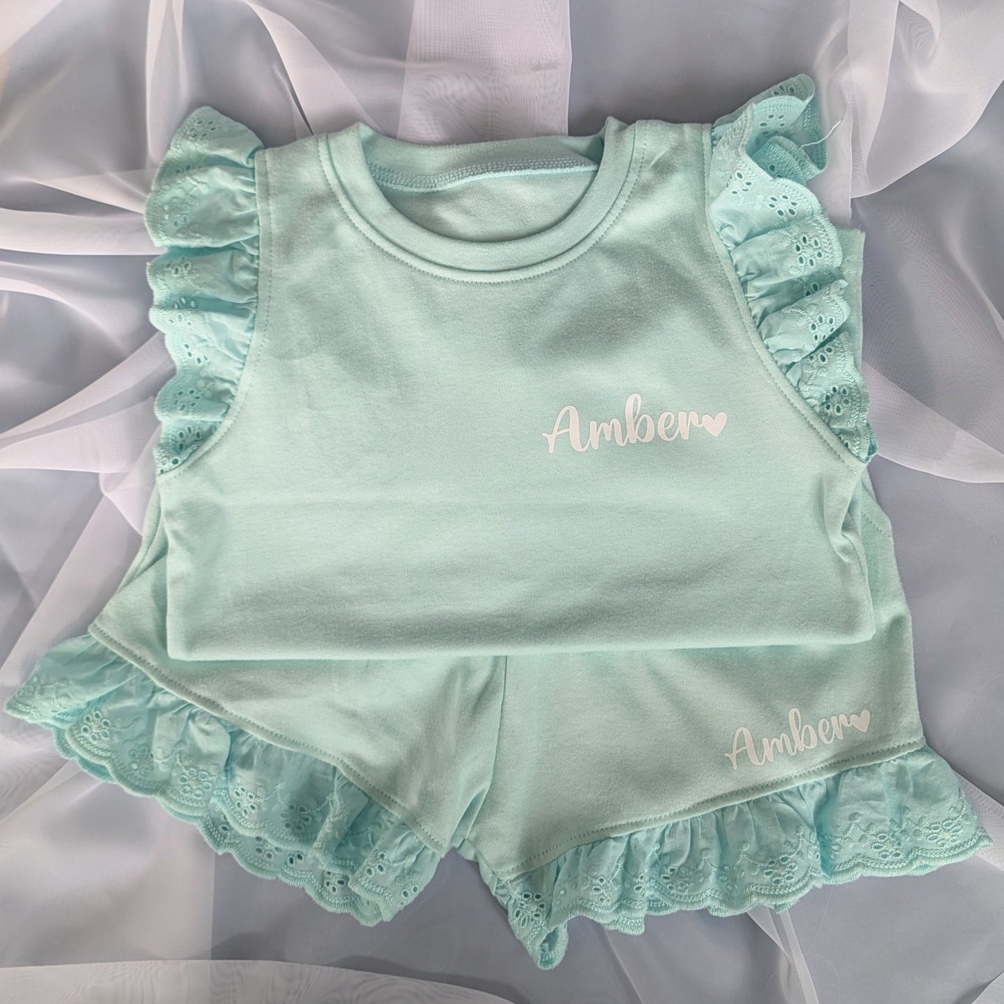 Personalised Girls Shorts and T-shirt Set | Frill Girls Clothing | Choice of Pink, Blue, Tan or Yellow | Girls Summer Fashion | Heat Wave