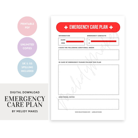 Emergency Care Plan | Planning Page | Autism ADHD Deaf Hearing Impaired Diabetic | In Case of Emergency Service | Medical Grab Bag