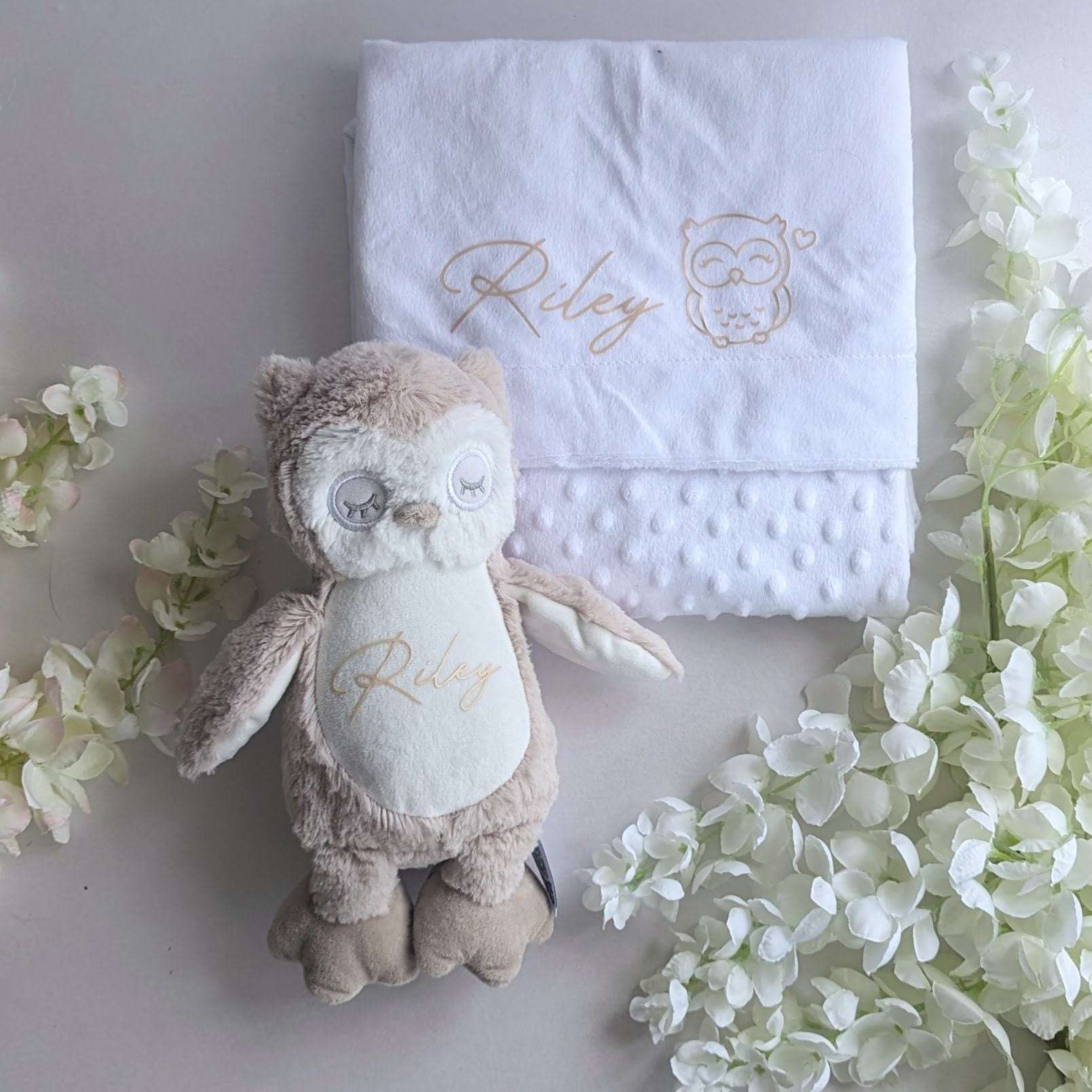 Personalised Owl Teddy & Blanket | Gender Neutral Newborn Gift | Baby Shower Gift | New Mum Gift | New Baby Blanket | Tan / Neutral Nursery
