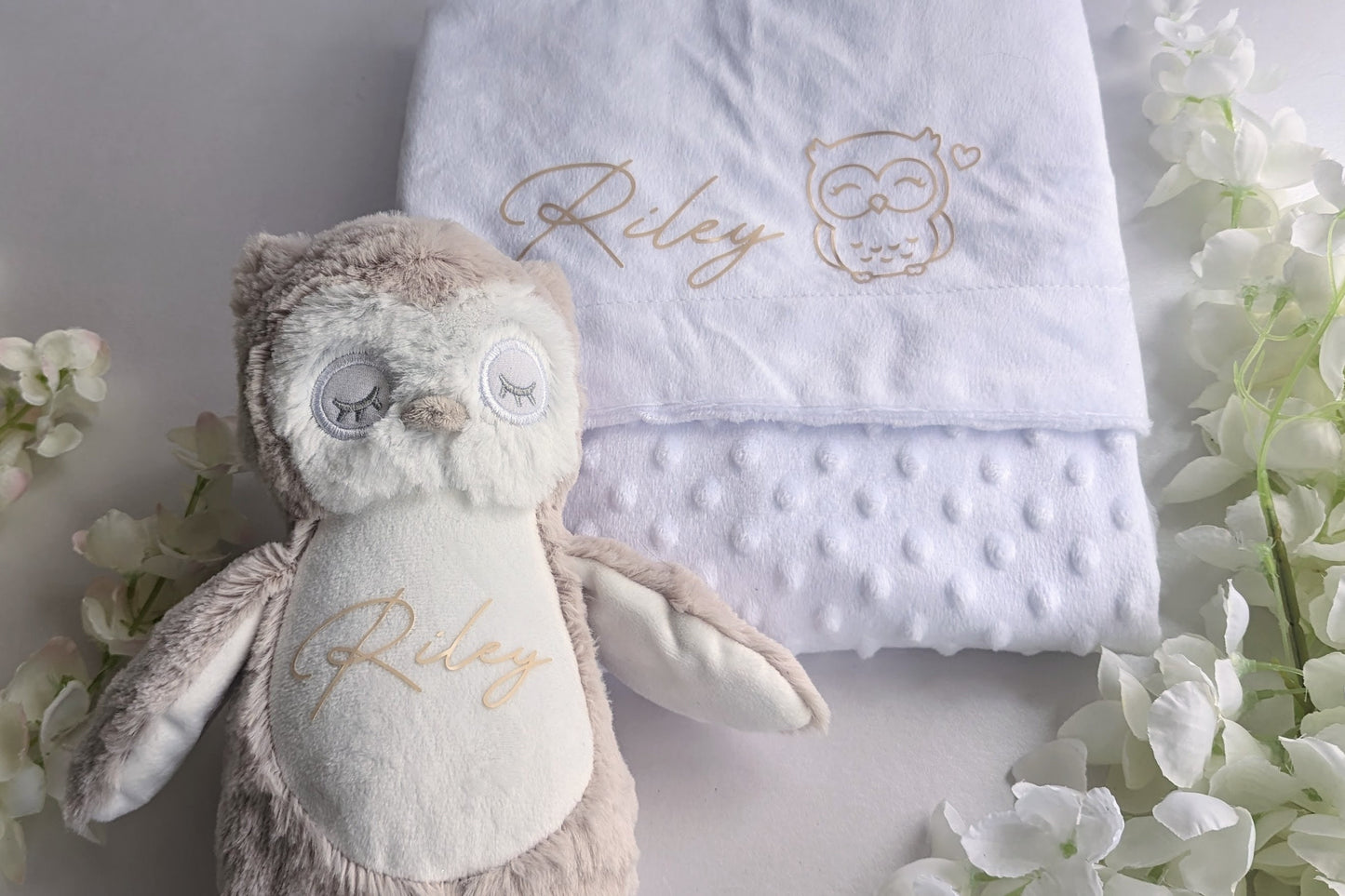 Personalised Owl Teddy & Blanket | Gender Neutral Newborn Gift | Baby Shower Gift | New Mum Gift | New Baby Blanket | Tan / Neutral Nursery