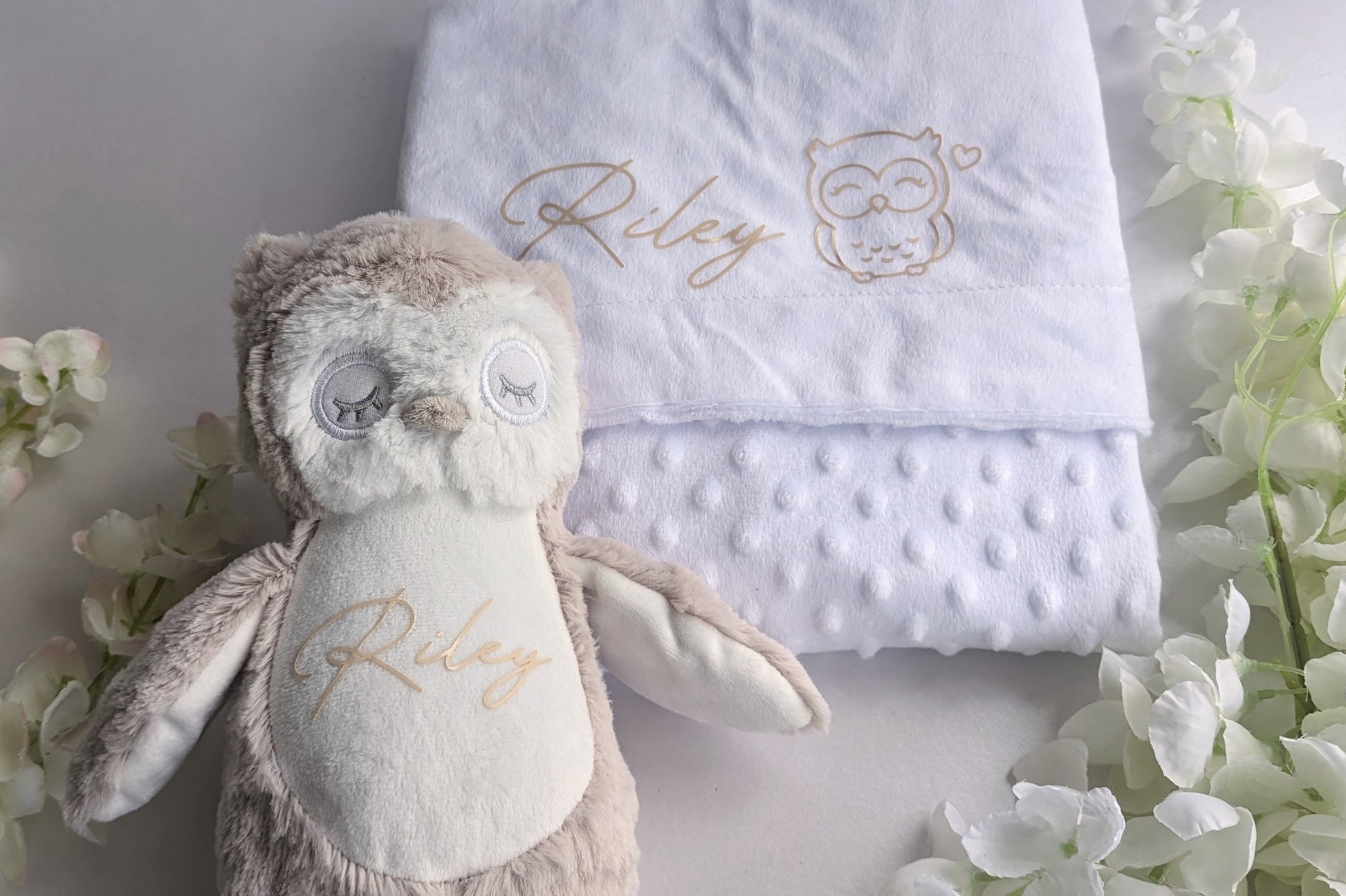Personalised Owl Teddy & Blanket | Gender Neutral Newborn Gift | Baby Shower Gift | New Mum Gift | New Baby Blanket | Tan / Neutral Nursery