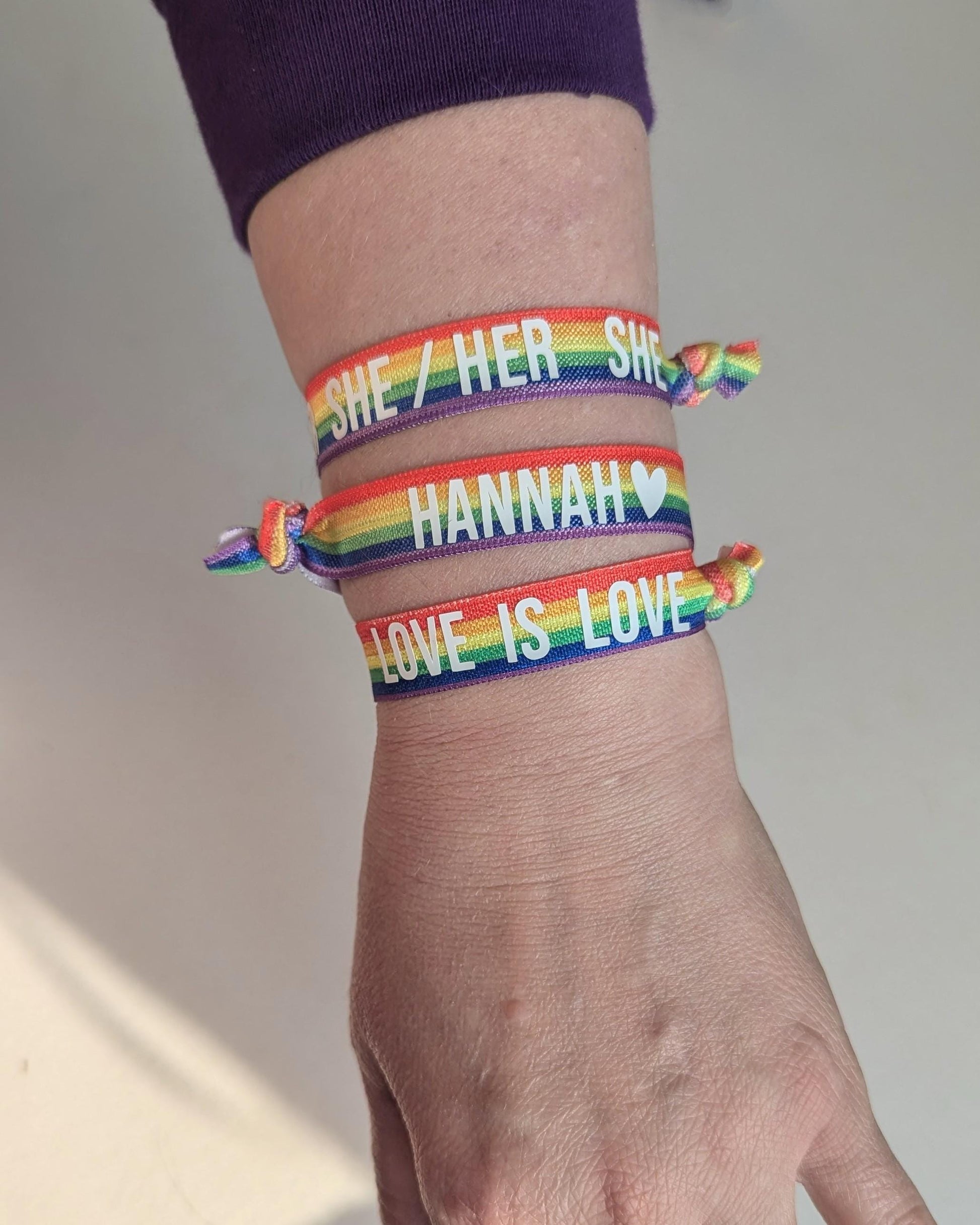 Personalised Rainbow Pride Wristband Elastics | London Pride | Love is Love | LGBTQ+ and Proud | Pride Parade | Teacher /Work | Hair Elastic