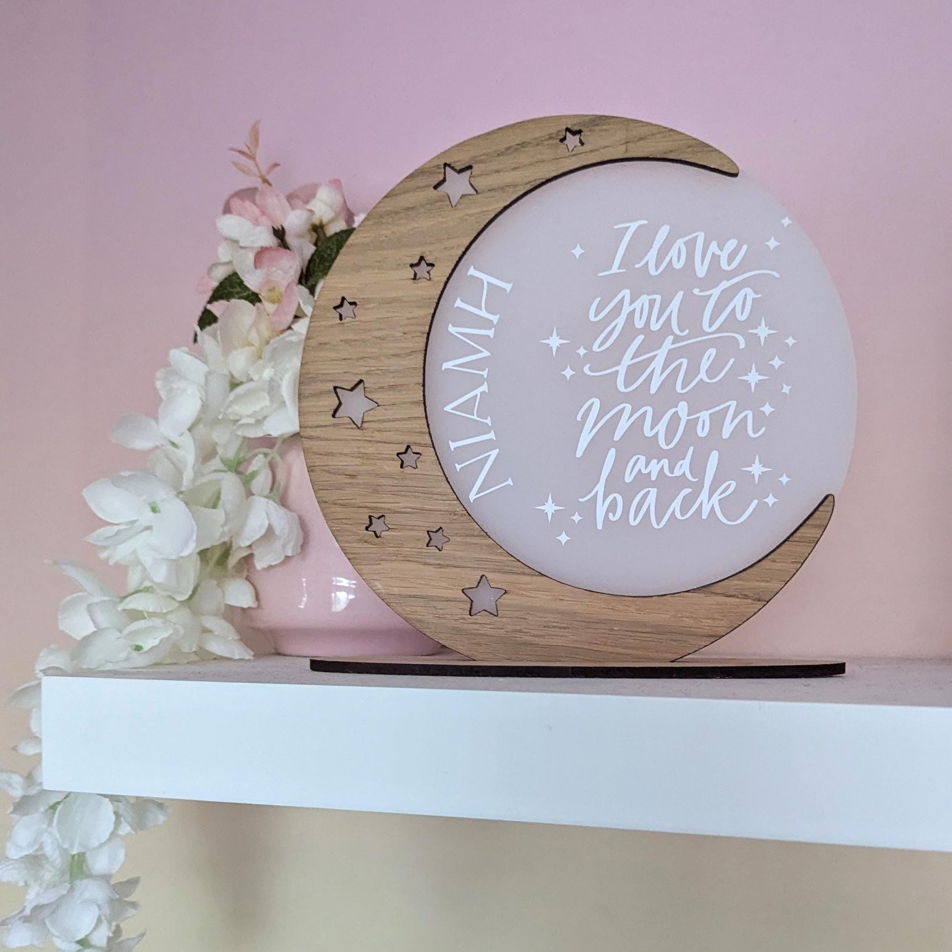 Personalised Moon Nursery Decor | Love You to the Moon and Back | Child's Bedroom Decor | Wood Veneer Freestanding Decoration | Moon Theme