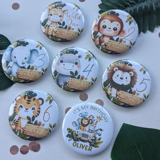 Personalised Safari Birthday Badge | Wild One Birthday Party | Cake Smash | Zoo, Safari, Jungle Theme | Kid's Age Birthday Button