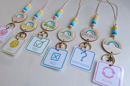 Personalised Rainbow Teaxher Lanyard | Autistic ADHD | Teacher / Work Lanyard | Non Verbal Communication Cards | Teaching Assistant Gift