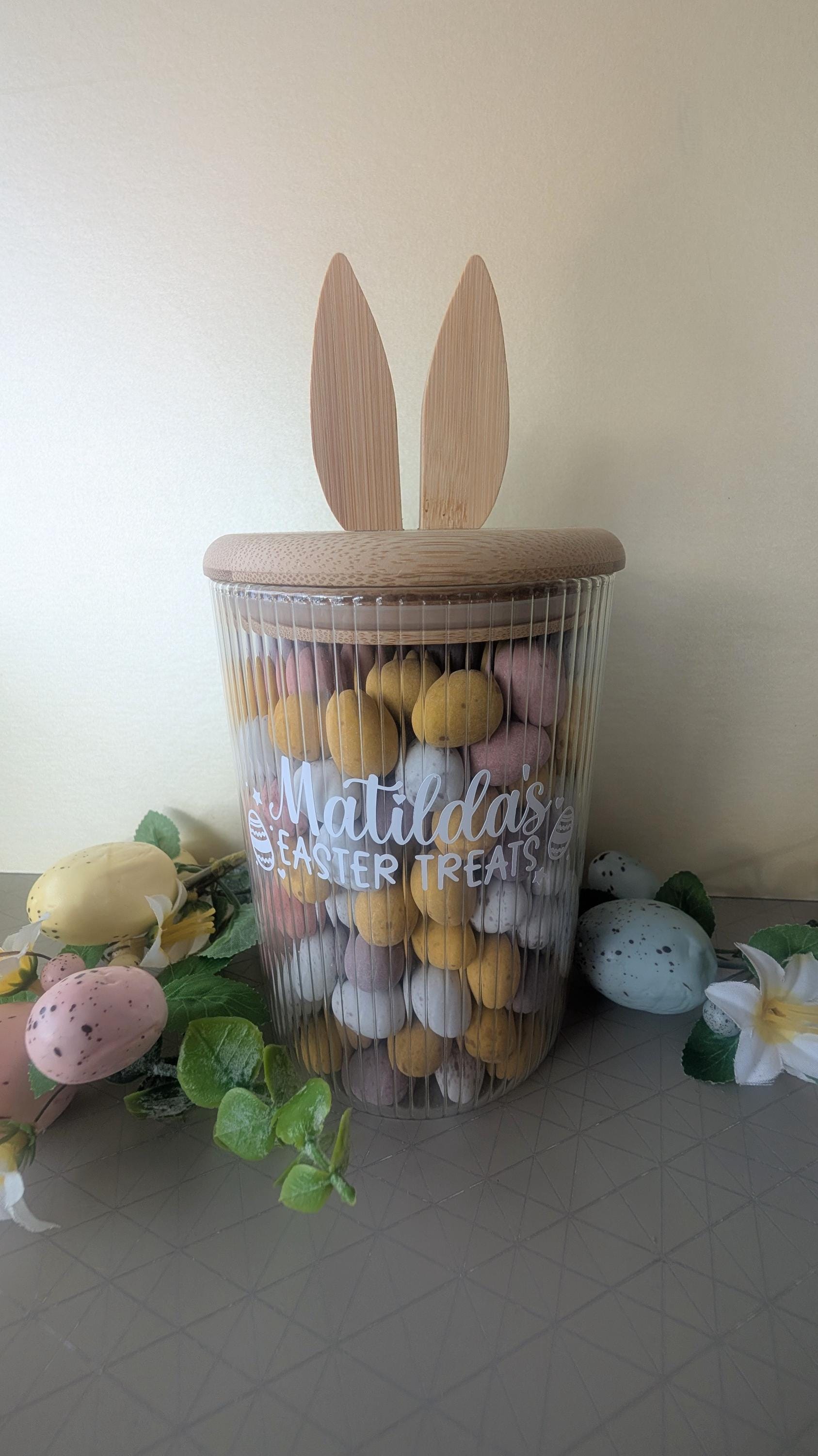 Personalised Bunny Treat Jar | Easter Treats | Food Storage Jar | Family Easter Gift Idea | Rabbit Glass Jar, Bamboo Lid | Sweet Jar