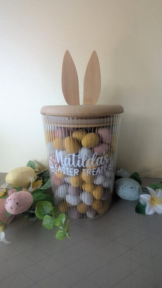 Personalised Bunny Treat Jar | Easter Treats | Food Storage Jar | Family Easter Gift Idea | Rabbit Glass Jar, Bamboo Lid | Sweet Jar