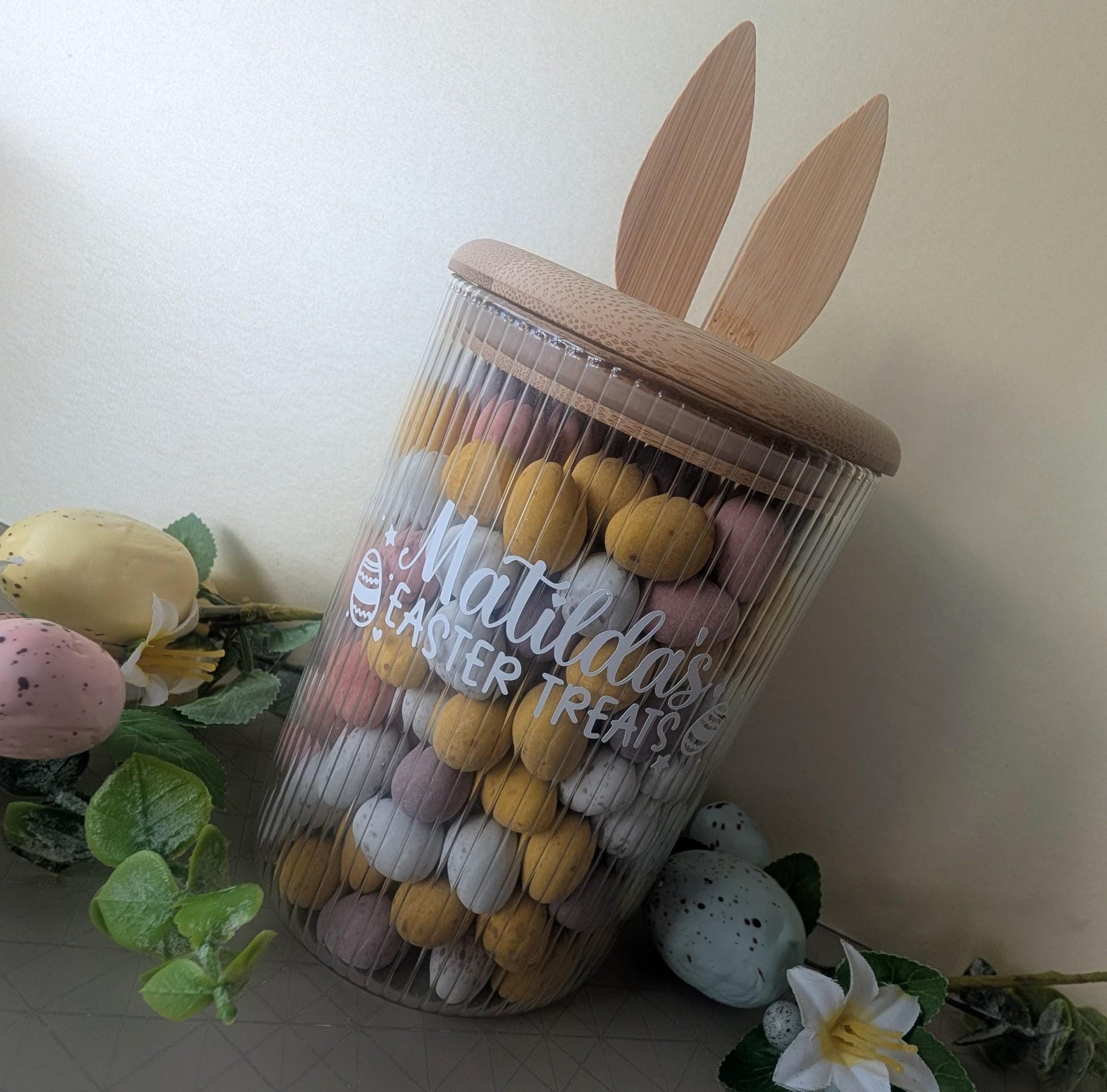 Personalised Bunny Treat Jar | Easter Treats | Food Storage Jar | Family Easter Gift Idea | Rabbit Glass Jar, Bamboo Lid | Sweet Jar