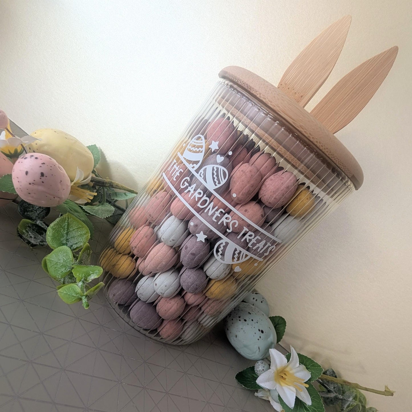 Personalised Bunny Treat Jar | Easter Treats | Food Storage Jar | Family Easter Gift Idea | Rabbit Glass Jar, Bamboo Lid | Sweet Jar