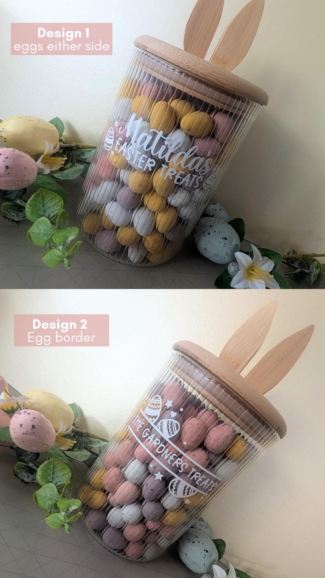 Personalised Bunny Treat Jar | Easter Treats | Food Storage Jar | Family Easter Gift Idea | Rabbit Glass Jar, Bamboo Lid | Sweet Jar