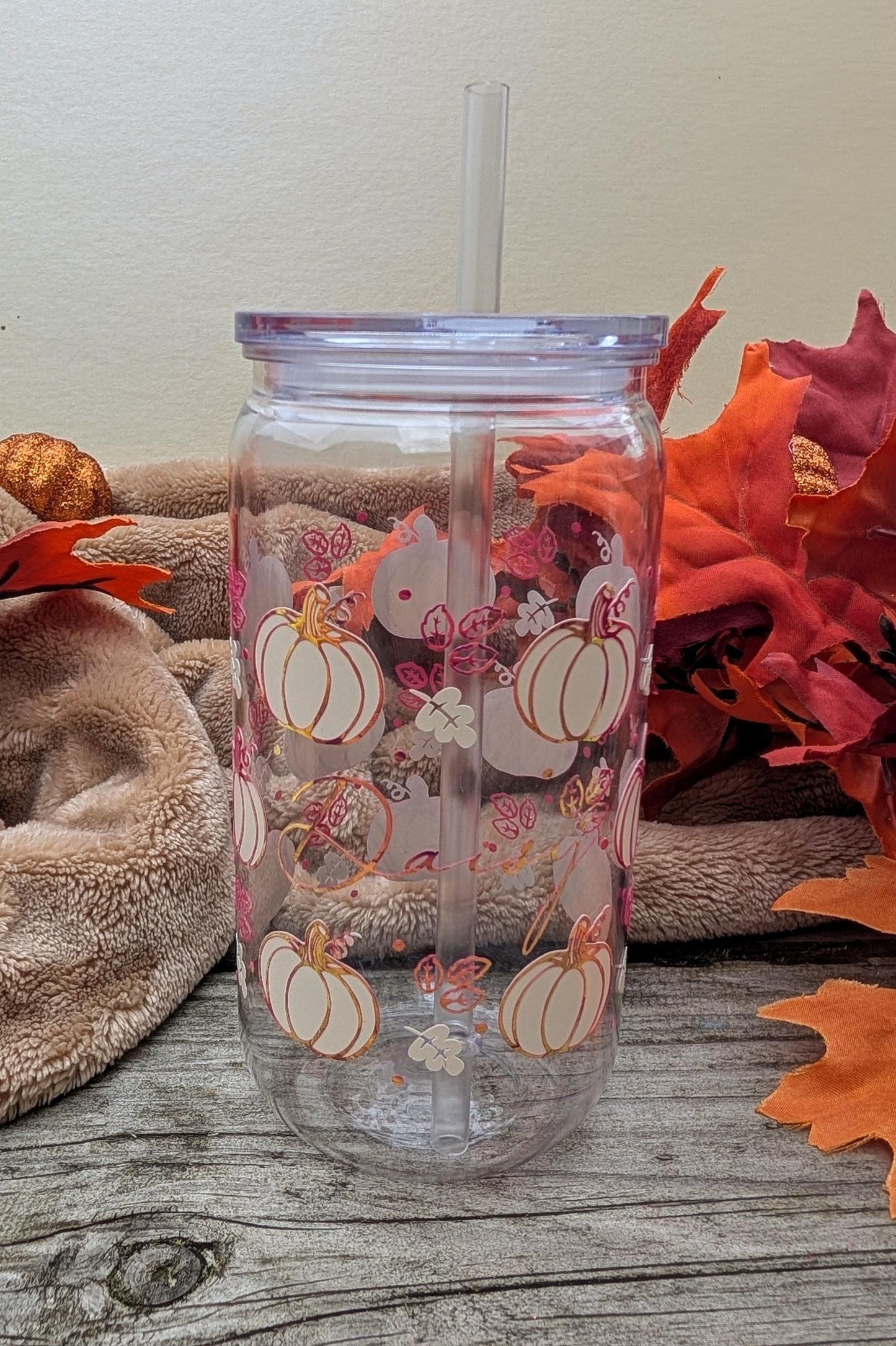 Personalised Pumpkin Cup (16oz) | Pumpkin Spice Latte Cup | Drinks Tumbler | Autumnal Coffee Cup | Fall Glass | Plastic Tumbler Wrap