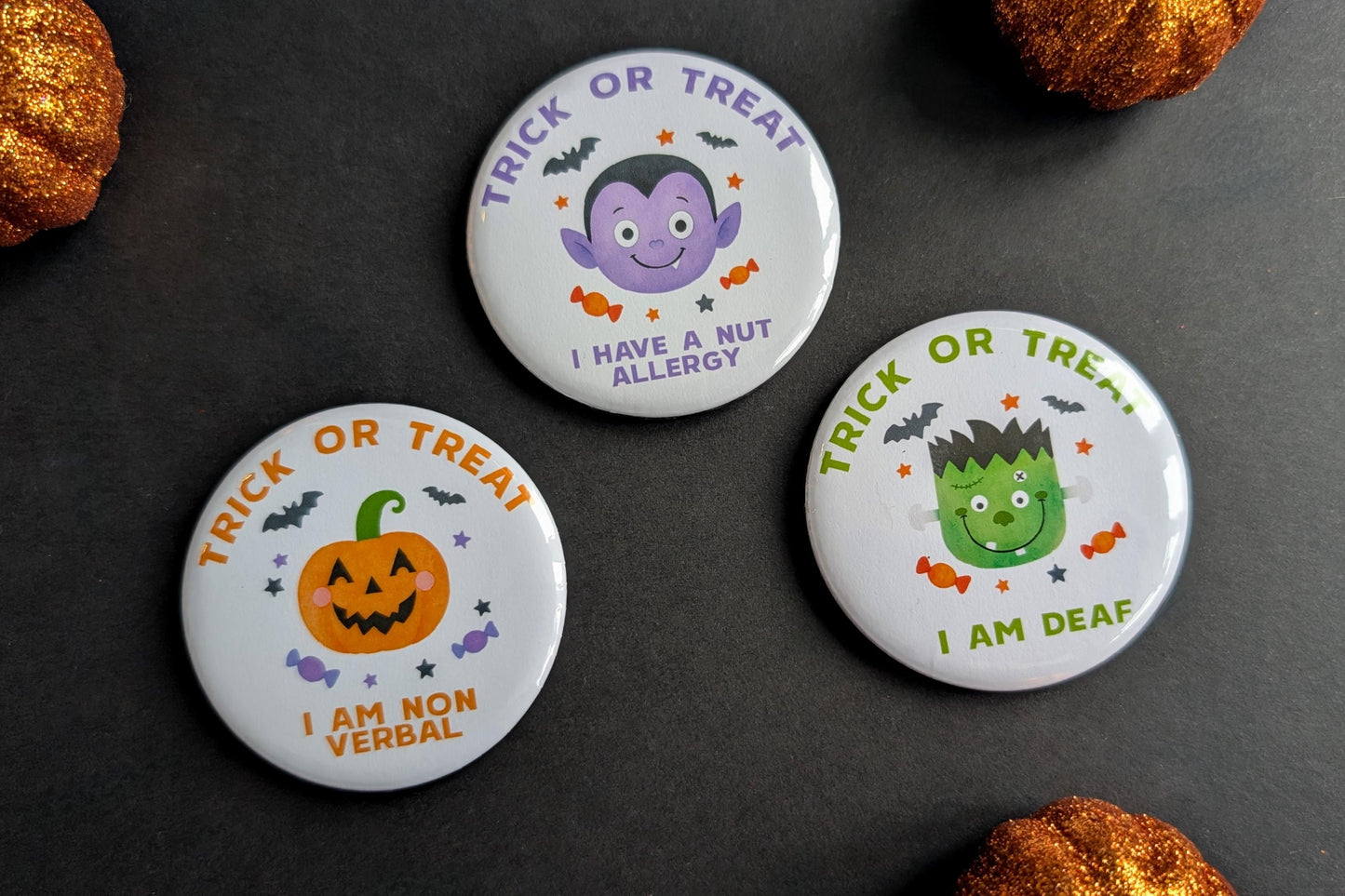 Personalised Halloween Badge | Trick or Treat Badge | Frankenstein / Pumpkin / Vampire Badge | Kids Halloween Gift | Boo Basket Filler