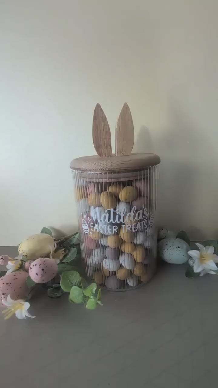 Personalised Bunny Treat Jar | Easter Treats | Food Storage Jar | Family Easter Gift Idea | Rabbit Glass Jar, Bamboo Lid | Sweet Jar