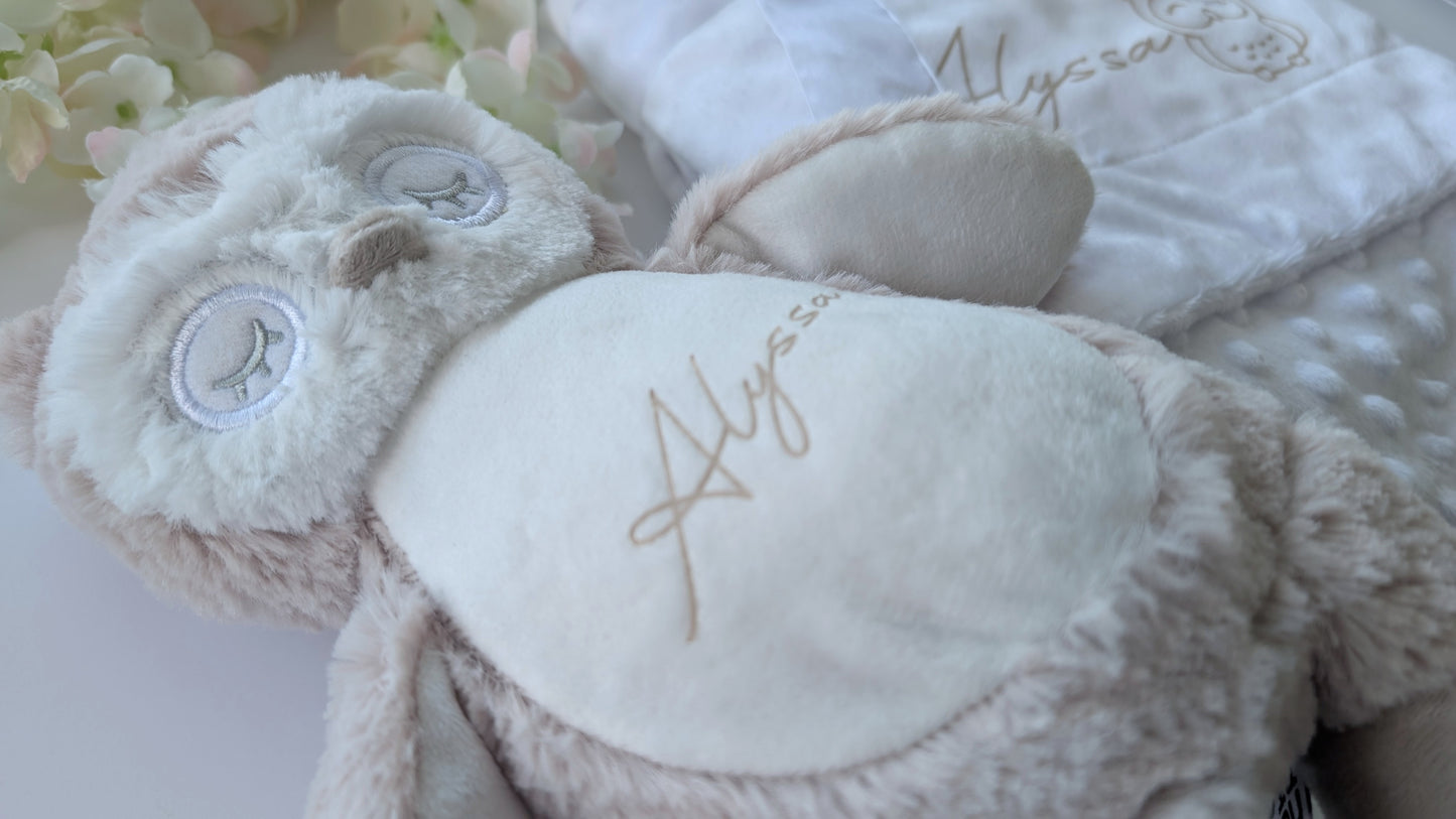 Personalised Owl Teddy & Blanket | Gender Neutral Newborn Gift | Baby Shower Gift | New Mum Gift | New Baby Blanket | Tan / Neutral Nursery