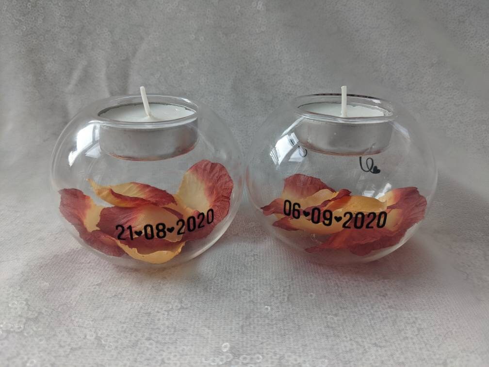 Personalised Couples Glass Tea-light Holders | Wedding Anniversary Gift | Any Colour Petals | Match Wedding Flowers | Dating  | Couples Gift