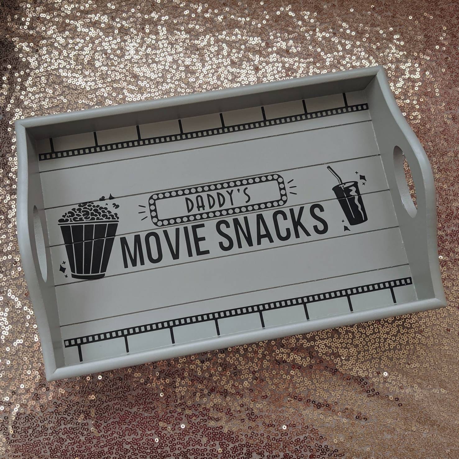 Personalised Movie Snacks Tray | Film / Cinema Lover Christmas Gift | Popcorn & Drink Tray | Netflix Addict | Sofa Arm Tray | Movie Lover |