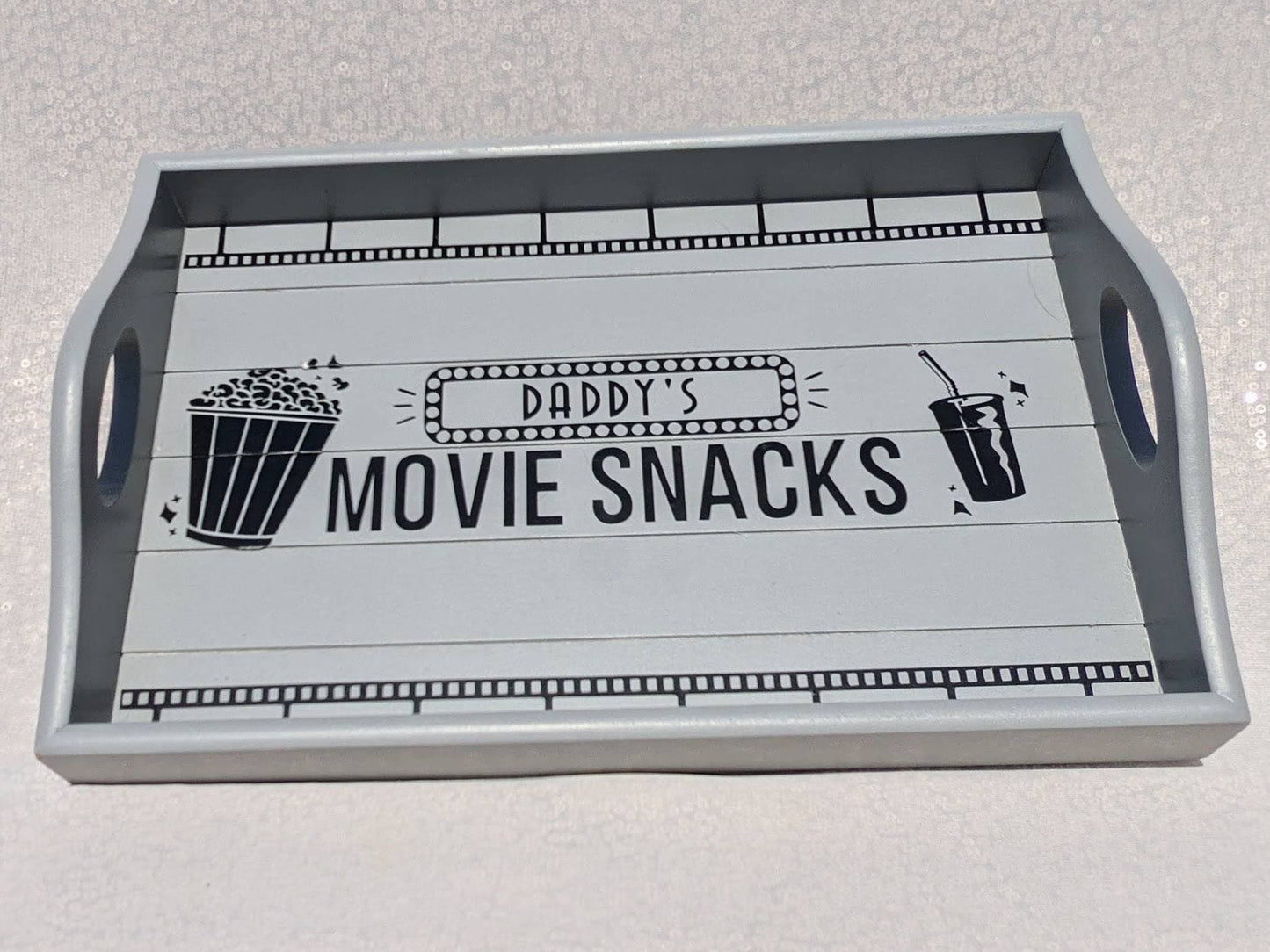 Personalised Movie Snacks Tray | Film / Cinema Lover Christmas Gift | Popcorn & Drink Tray | Netflix Addict | Sofa Arm Tray | Movie Lover |