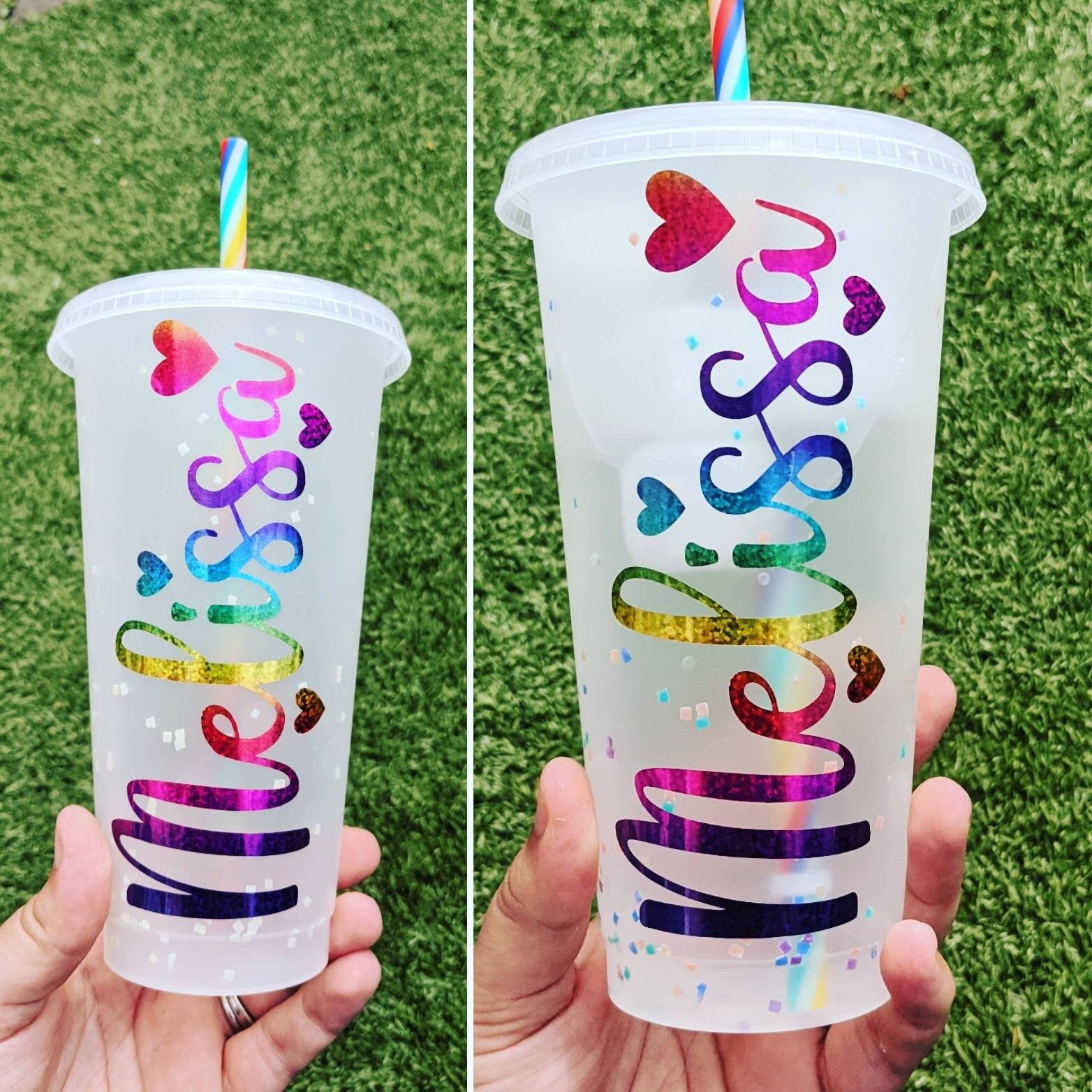 Personalised Colour Changing Rainbow Confetti Cold Cup (24oz) |   Changes Colour with Cold Drink | Drinks Tumbler | Starbucks Style Cup