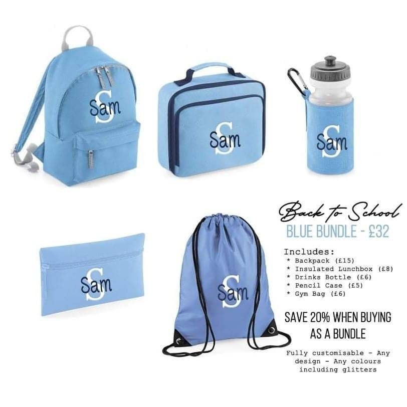Personalised Back to School Backpack Bundle | Pencil Case, Gym Bag, Water Bottle, Lunch Bag, Matching Backpack Set | Custom School Bag Set