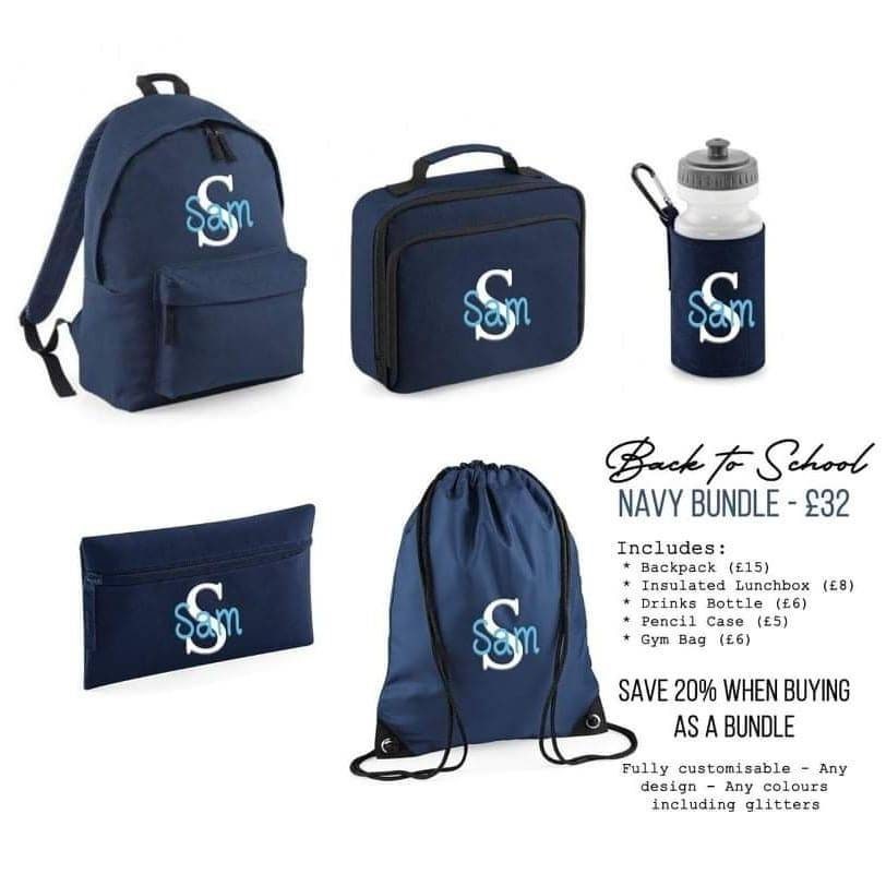 Personalised Back to School Backpack Bundle | Pencil Case, Gym Bag, Water Bottle, Lunch Bag, Matching Backpack Set | Custom School Bag Set