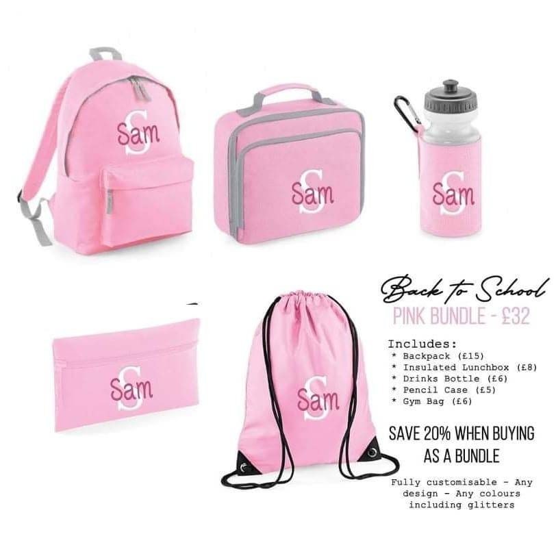 Personalised Back to School Backpack Bundle | Pencil Case, Gym Bag, Water Bottle, Lunch Bag, Matching Backpack Set | Custom School Bag Set