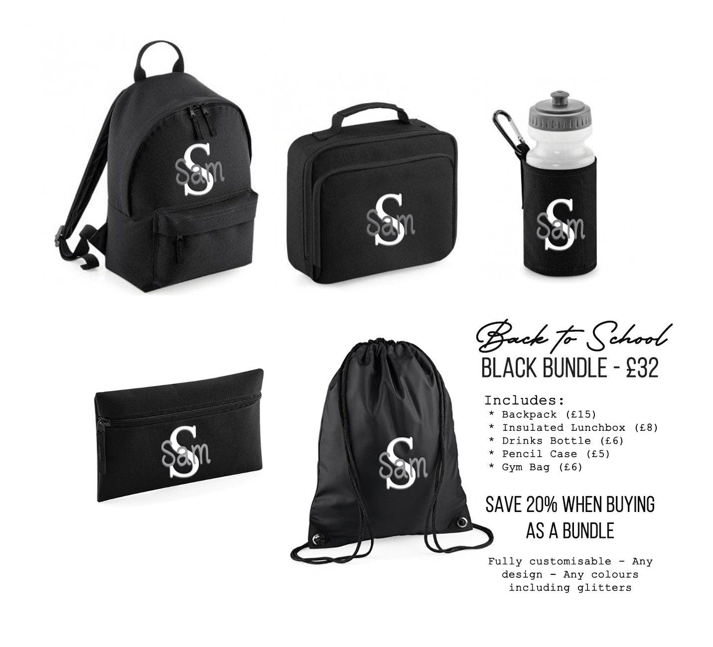 Personalised Back to School Backpack Bundle | Pencil Case, Gym Bag, Water Bottle, Lunch Bag, Matching Backpack Set | Custom School Bag Set