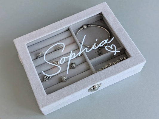 Personalised Jewellery Box | Grey Velvet Jewelry Storage | Stackable Boxes | Modern Storage | Gift for Women | Mother Wife Sister Girlfriend