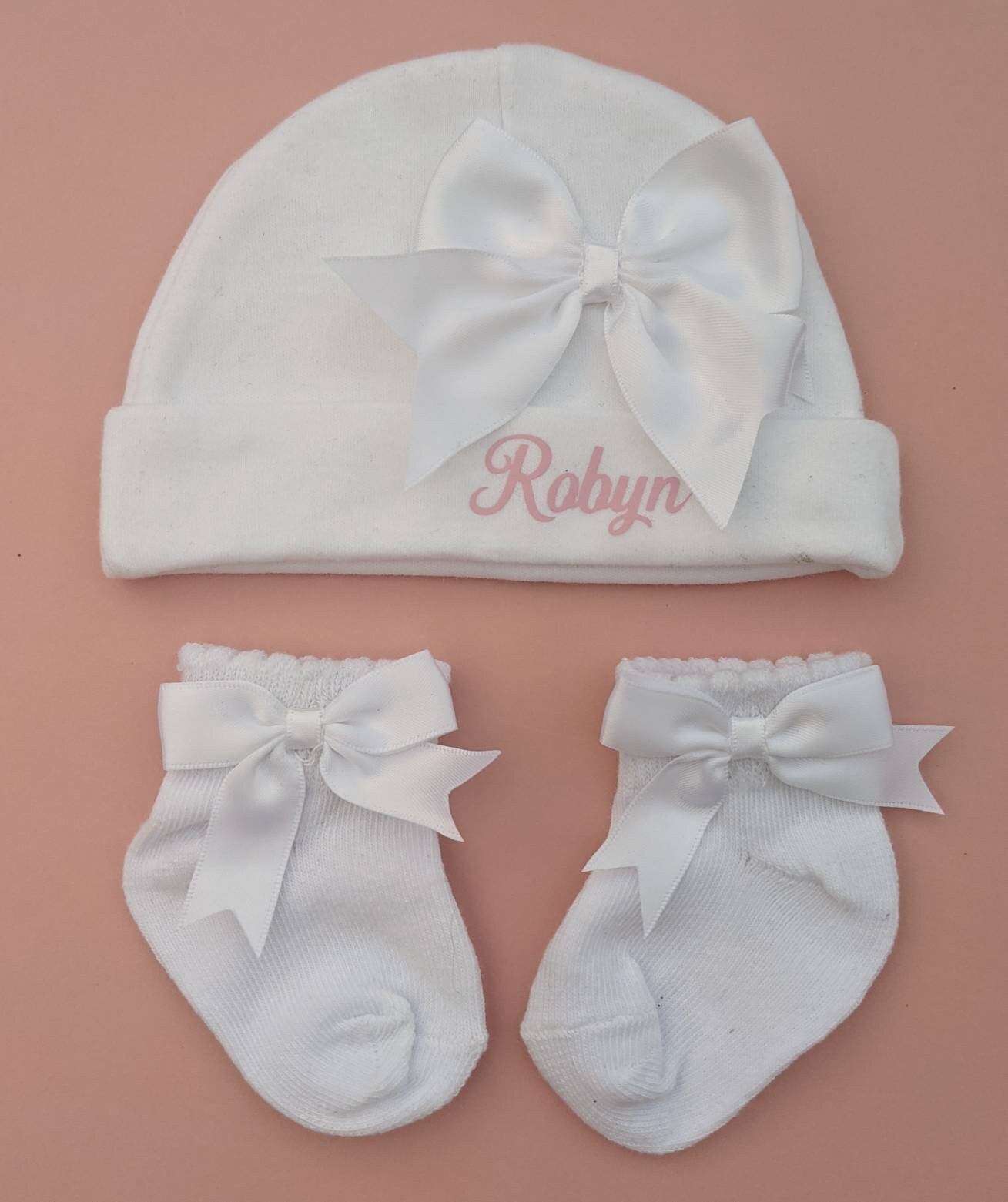 Personalised Baby Hat and Socks Set with Bow | Newborn Baby Hat Set | White Clothing for Newborn | New Baby Gift | New Mum Gift