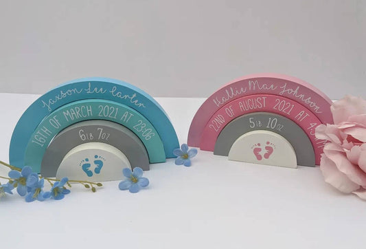 Personalised Rainbow Stacker | Birth Announcement Keepsake | New Baby Gift | Newborn Nursery Decor | Custom Baby Wooden Toy | Nursery Inspo