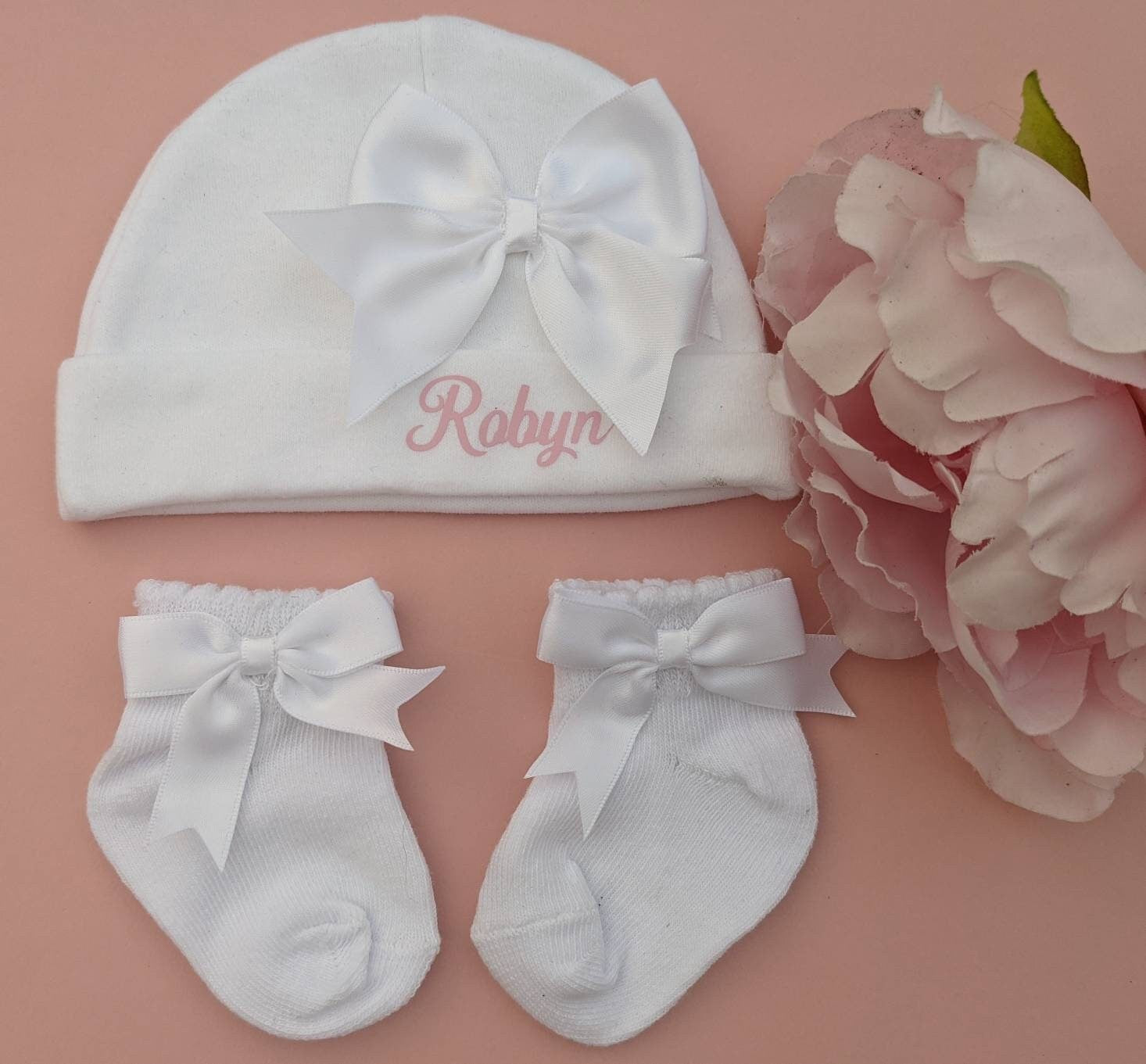 Personalised Baby Hat and Socks Set with Bow | Newborn Baby Hat Set | White Clothing for Newborn | New Baby Gift | New Mum Gift