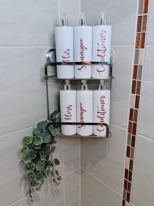 Toiletries Shower Bottles 500ml | Grey and Chrome Bottles | Skin Care | Organisation| Personalised Labels | Mrs Hinch | Mr and Mrs