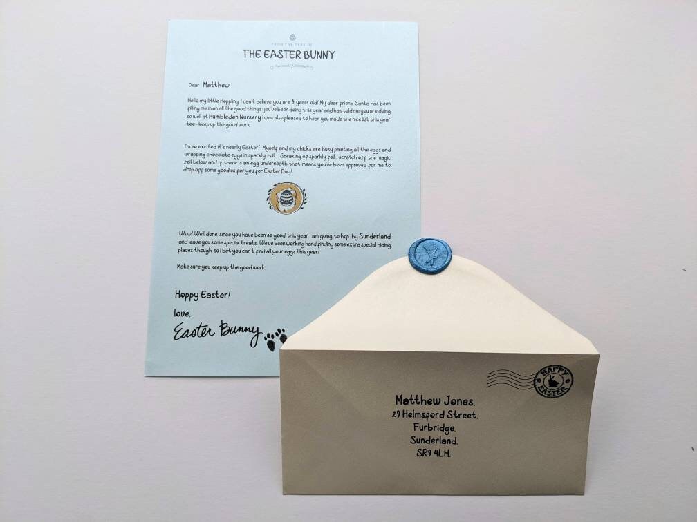 Personalised Letter from Easter Bunny | Easter Mail | Custom Letter and Envelope | Wax Seal | Scratch Card | Easter Egg Hunt | Kids Letter