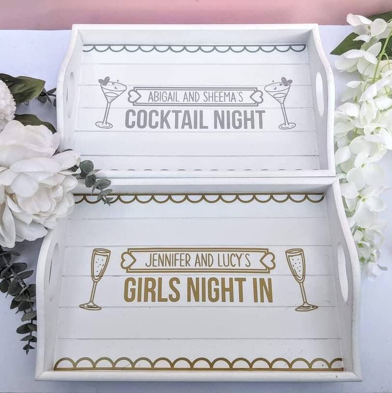 Personalised Girls Night Tray | Champagne Glasses and Snack Gift Set | Girls Night In | Sofa Arm Tray | Prosecco Lover | BFF Friend Gift