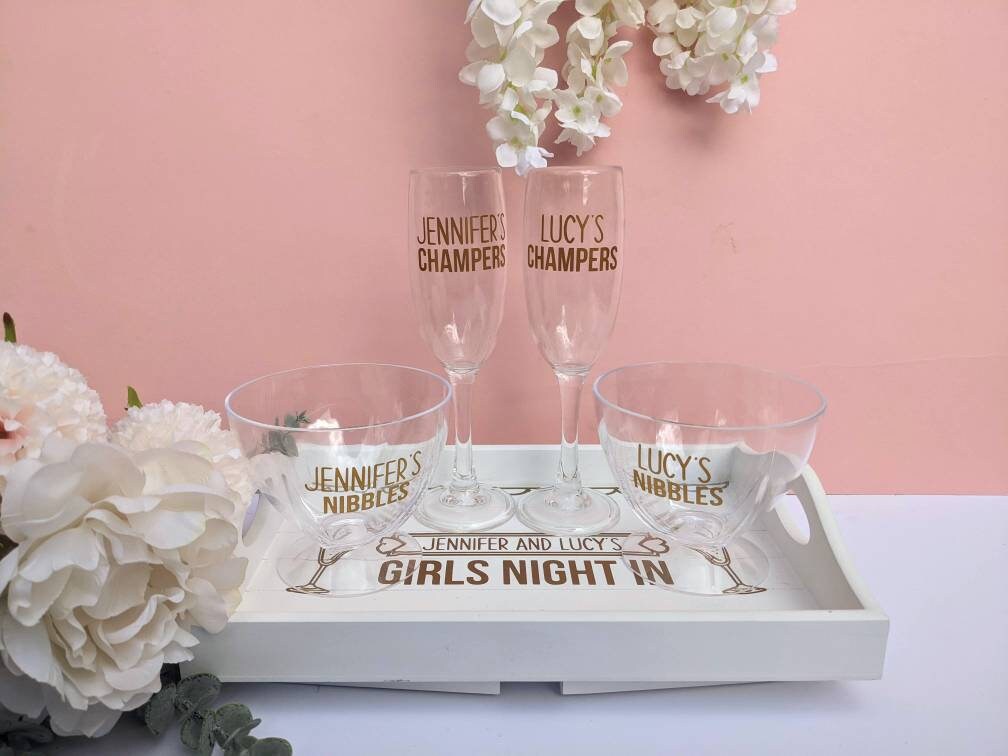 Personalised Girls Night Tray | Champagne Glasses and Snack Gift Set | Girls Night In | Sofa Arm Tray | Prosecco Lover | BFF Friend Gift