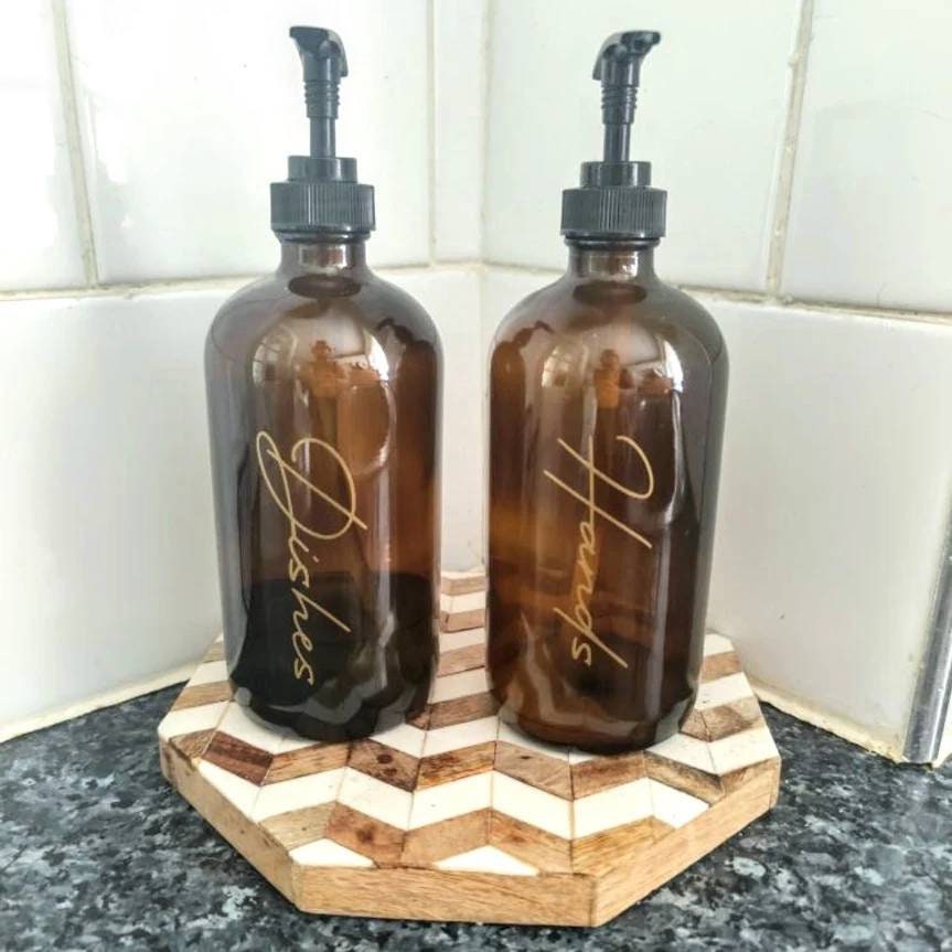 Amber Glass Pump Bottles | Custom Wording | Hand Wash and Hand Lotion Dispenser | Bathroom En-Suite Decor | Kitchen Decor | Eco Friendly
