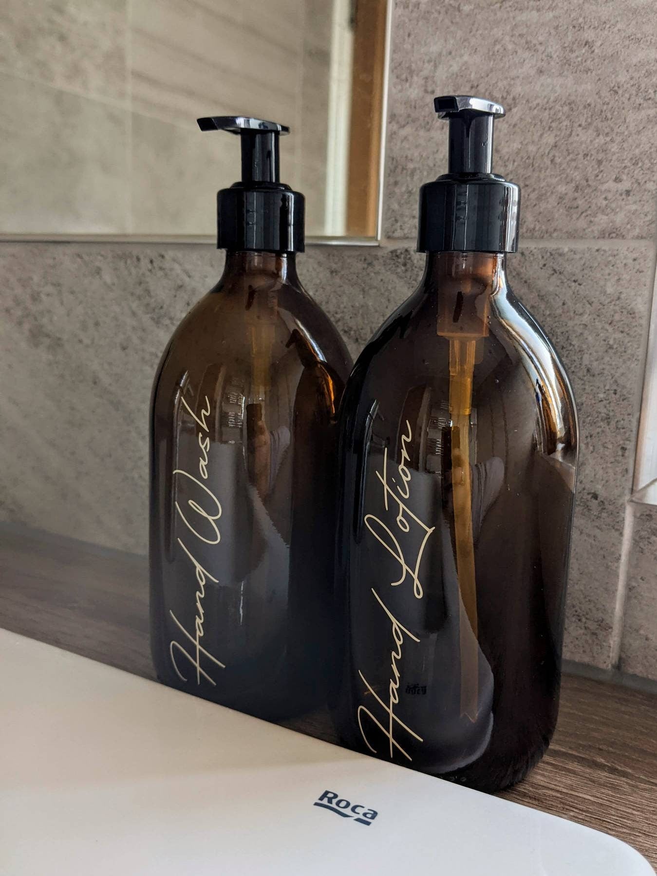 Amber Glass Pump Bottles | Custom Wording | Hand Wash and Hand Lotion Dispenser | Bathroom En-Suite Decor | Kitchen Decor | Eco Friendly