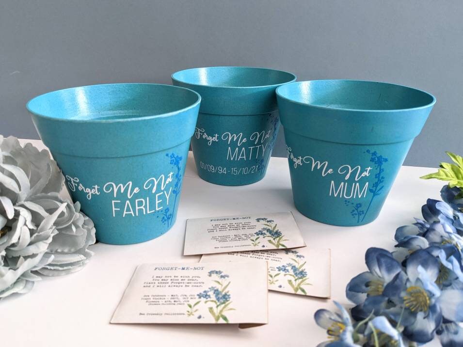 Personalised Forget Me Not Memory Planting Set | Bamboo Fibre Blue Plant Pot | Bee friendly | Garden Lover Memorial Gift | In Memory Flowers
