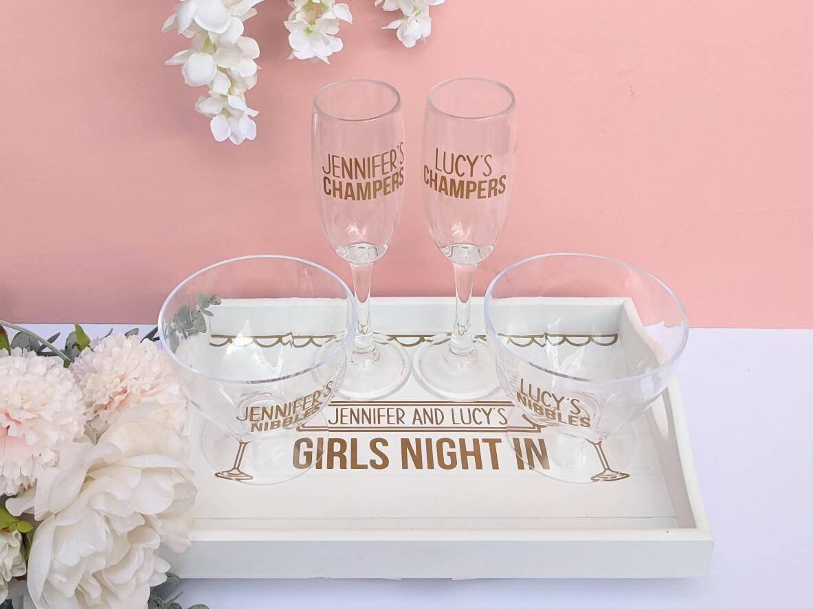 Personalised Girls Night Tray | Champagne Glasses and Snack Gift Set | Girls Night In | Sofa Arm Tray | Prosecco Lover | BFF Friend Gift