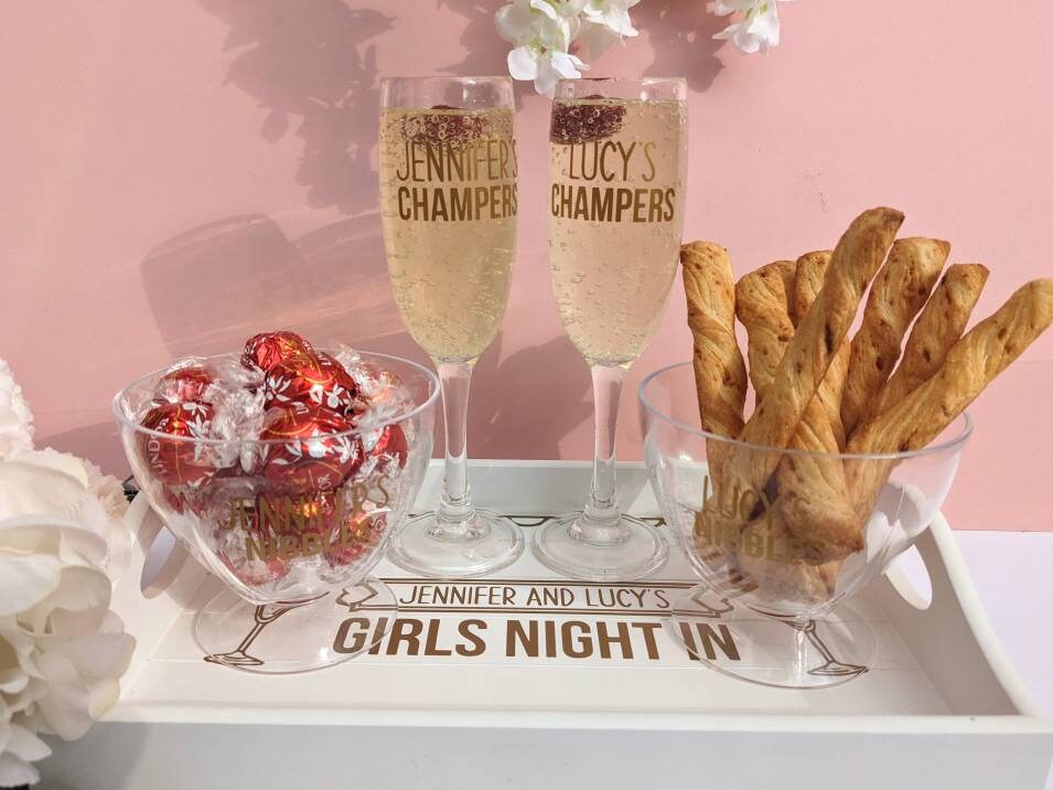 Personalised Girls Night Tray | Champagne Glasses and Snack Gift Set | Girls Night In | Sofa Arm Tray | Prosecco Lover | BFF Friend Gift