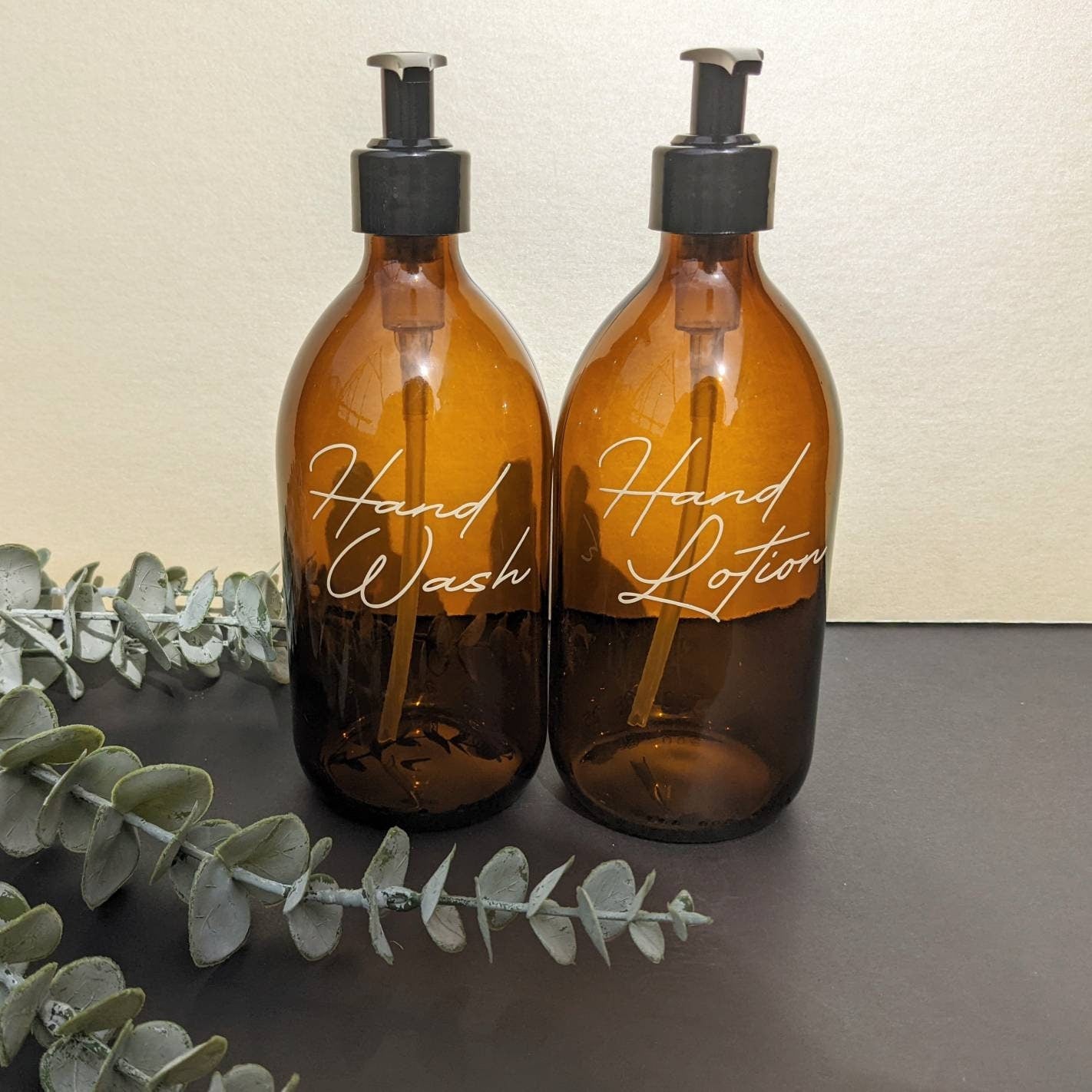 Amber Glass Pump Bottles | Custom Wording | Hand Wash and Hand Lotion Dispenser | Bathroom En-Suite Decor | Kitchen Decor | Eco Friendly
