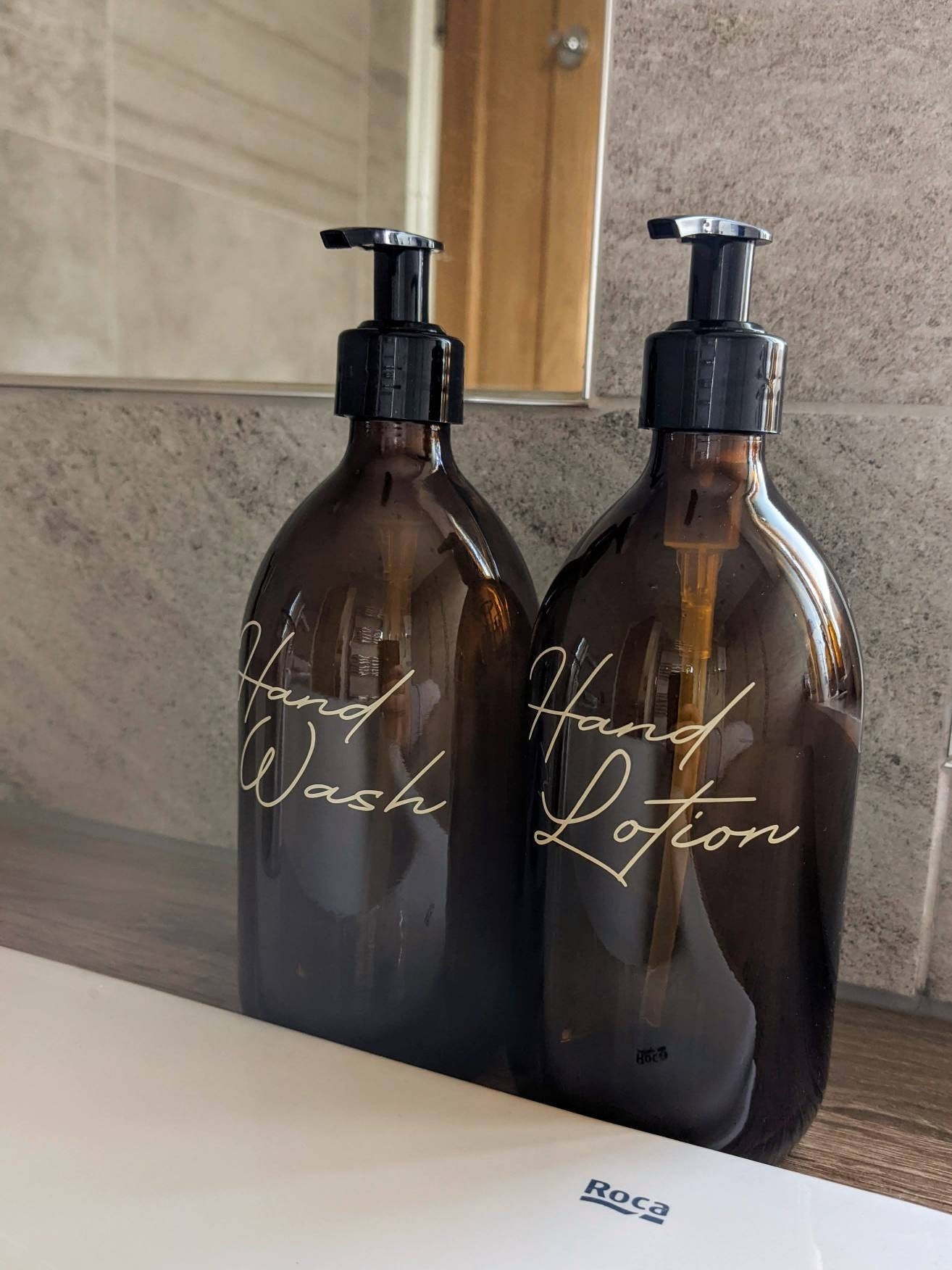 Amber Glass Pump Bottles | Custom Wording | Hand Wash and Hand Lotion Dispenser | Bathroom En-Suite Decor | Kitchen Decor | Eco Friendly