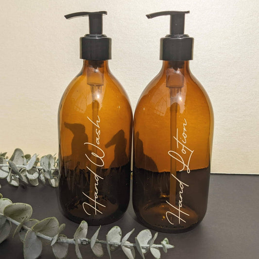 Amber Glass Pump Bottles | Custom Wording | Hand Wash and Hand Lotion Dispenser | Bathroom En-Suite Decor | Kitchen Decor | Eco Friendly