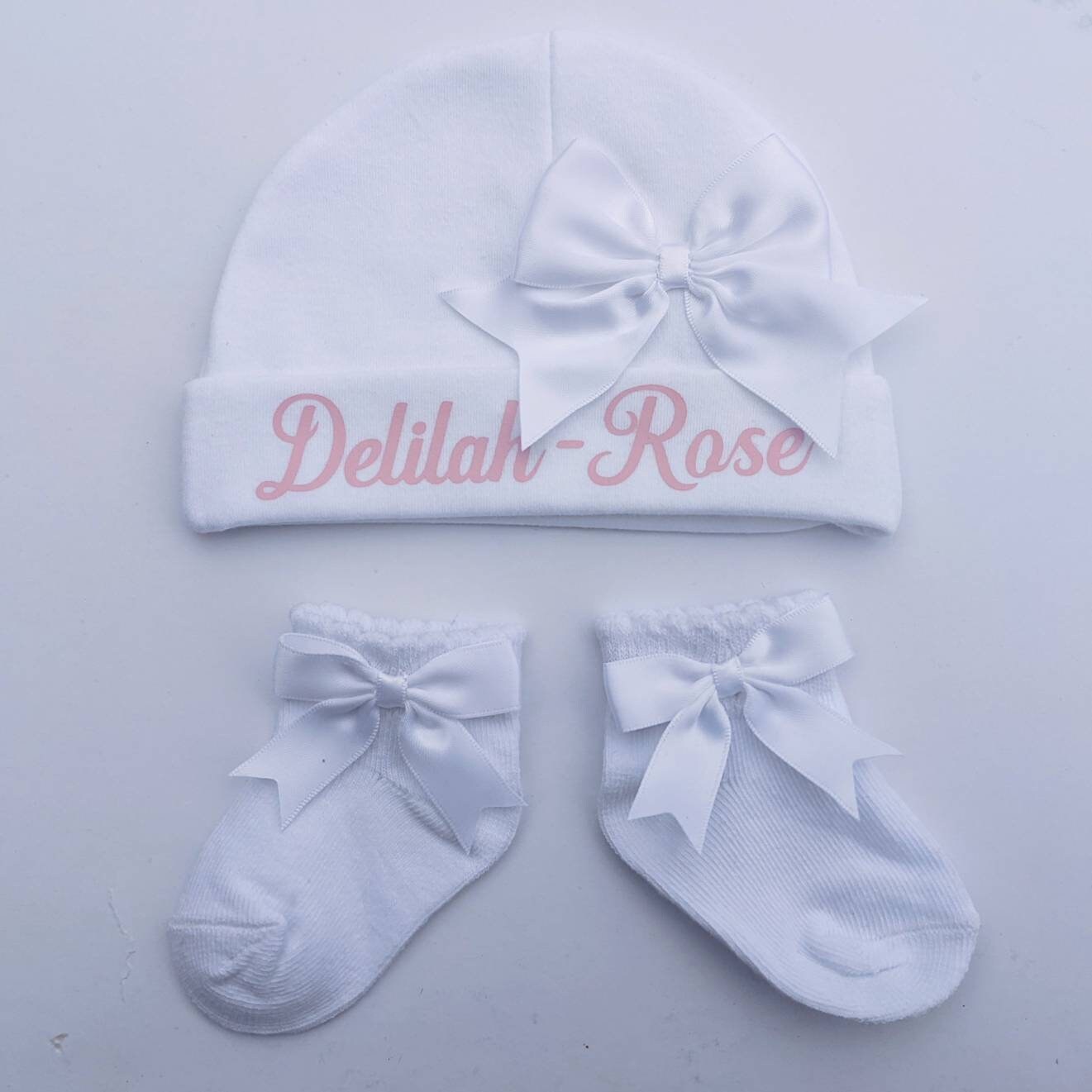 Personalised Baby Hat and Socks Set with Bow | Newborn Baby Hat Set | White Clothing for Newborn | New Baby Gift | New Mum Gift