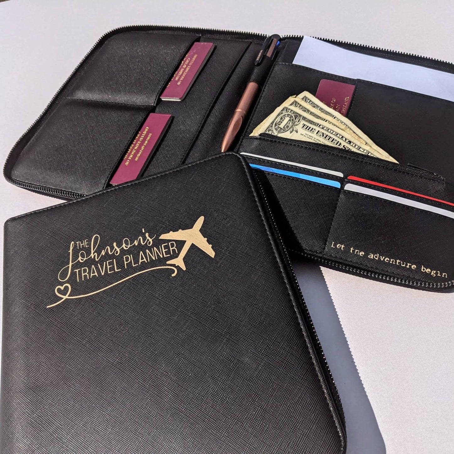 Personalised Travel Document Wallet | Luxe Line | PU Leather Travel Planner | Luxury Travel Accessory | Travel Gift | Family Holiday Planner