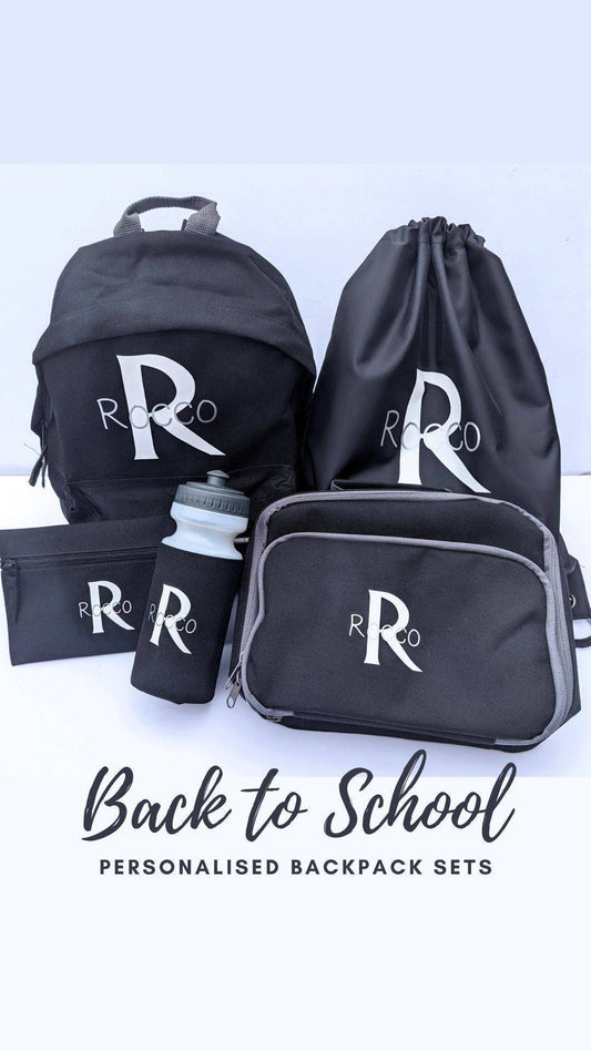 Personalised Back to School Backpack Bundle | Pencil Case, Gym Bag, Water Bottle, Lunch Bag, Matching Backpack Set | Custom School Bag Set