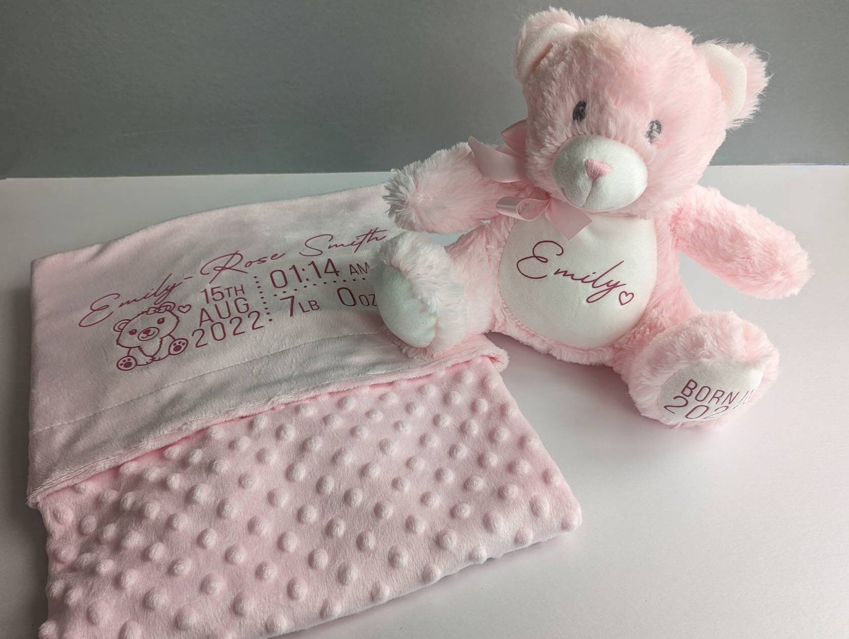 Personalised Pink Baby Girl Teddy Blanket | Newborn Gift | Nursery Decor | Name Reveal | New Baby Girl | Hospital Bag | Hello World |New Mum