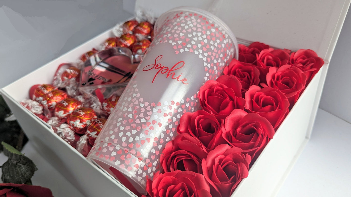 Personalised Valentine's Gift Box | Dozen Red Roses | Wife Girlfriend Fiancée Romantic Present | Flowers & Chocolate | Cold Cup Photo Frame