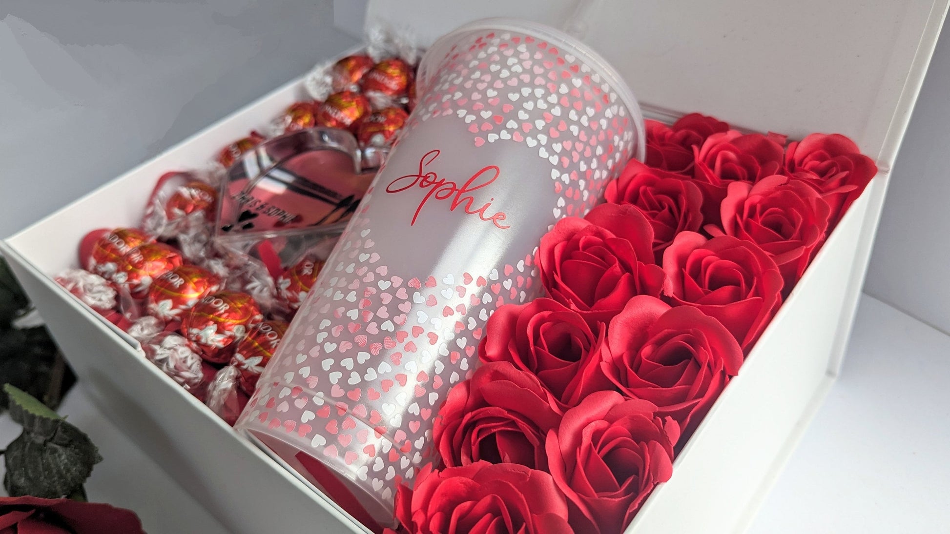 Personalised Valentine's Gift Box | Dozen Red Roses | Wife Girlfriend Fiancée Romantic Present | Flowers & Chocolate | Cold Cup Photo Frame