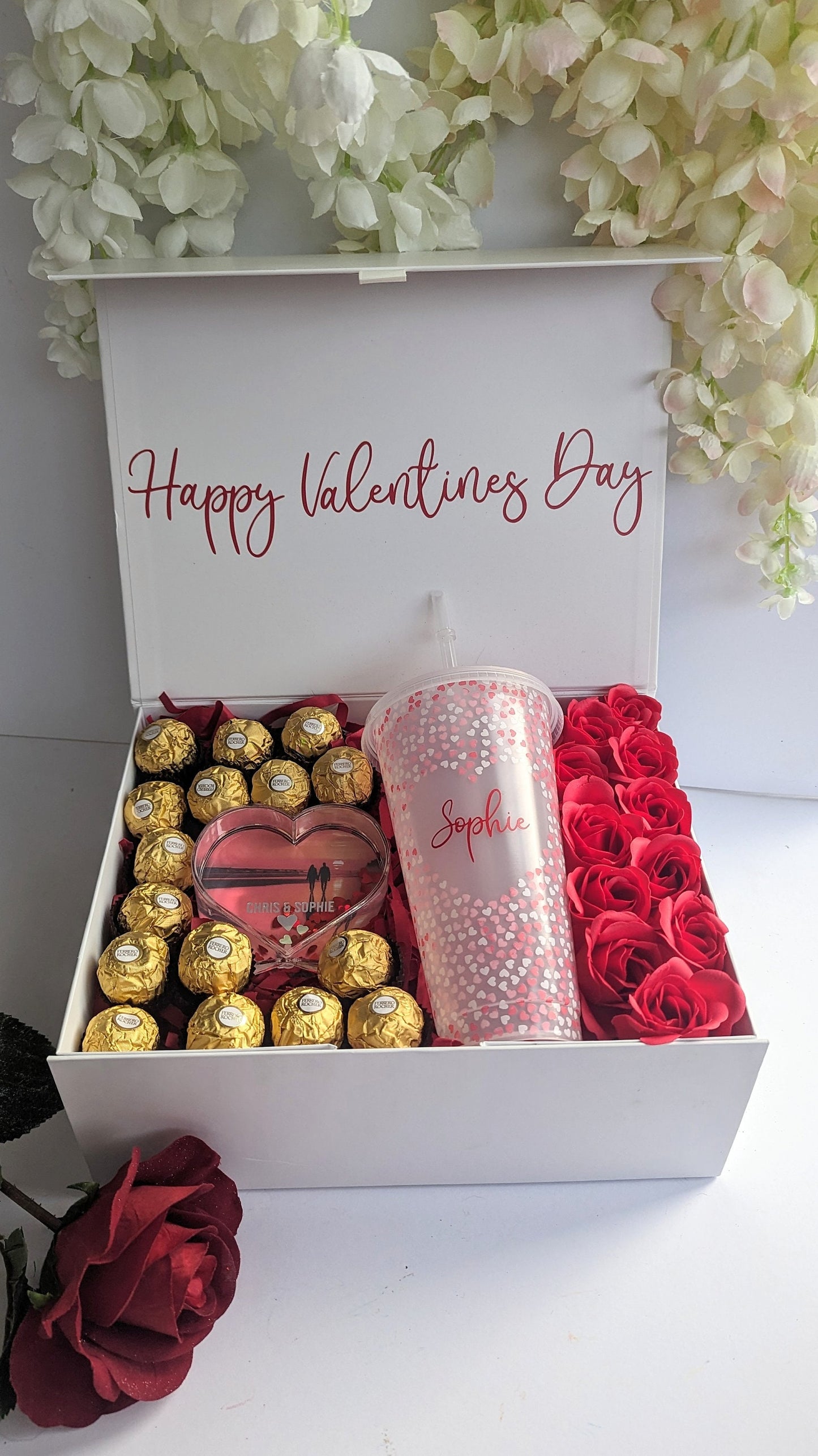 Personalised Valentine's Gift Box | Dozen Red Roses | Wife Girlfriend Fiancée Romantic Present | Flowers & Chocolate | Cold Cup Photo Frame