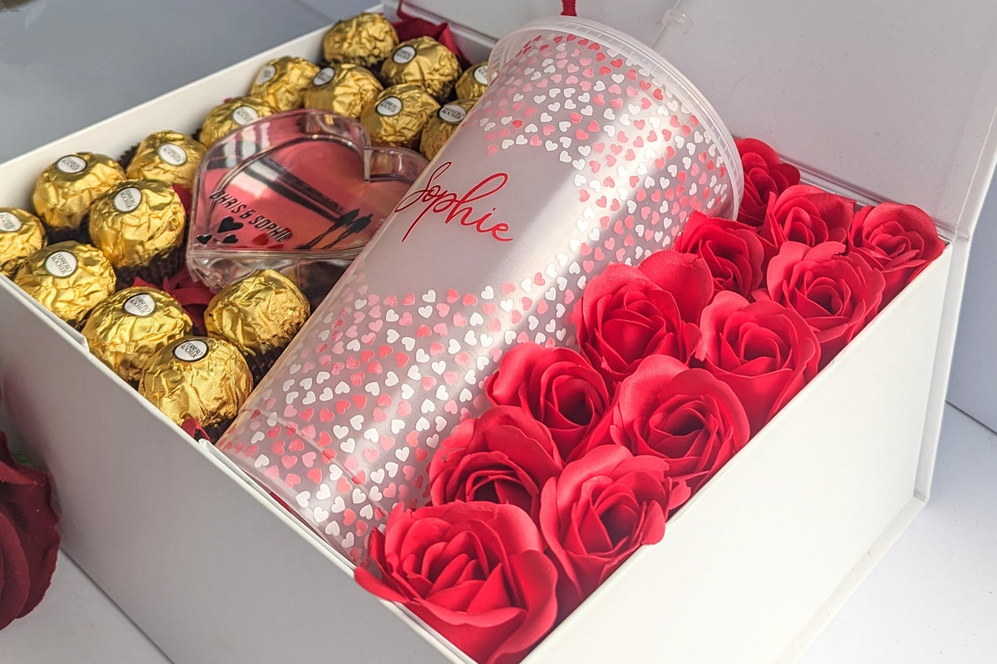 Personalised Valentine's Gift Box | Dozen Red Roses | Wife Girlfriend Fiancée Romantic Present | Flowers & Chocolate | Cold Cup Photo Frame